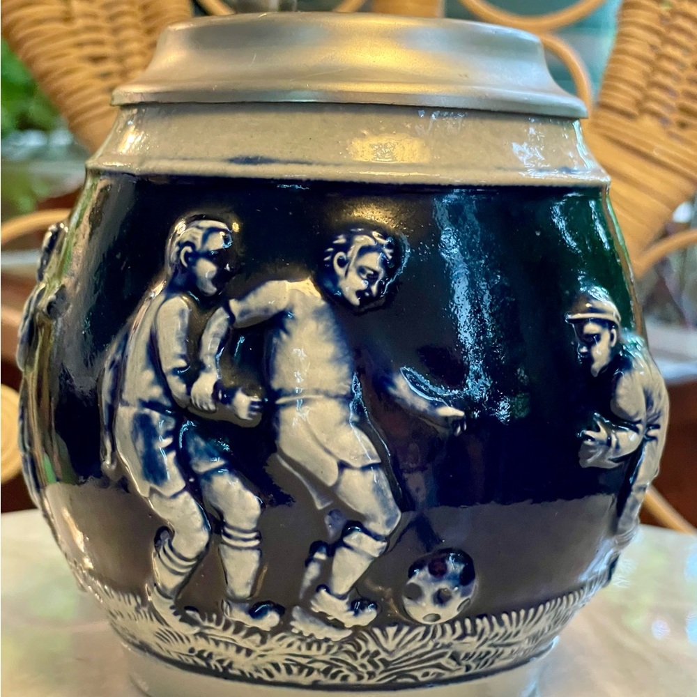 Vintage German Beer Stein. Cobalt Blue Stoneware Featuring Soccer Players.